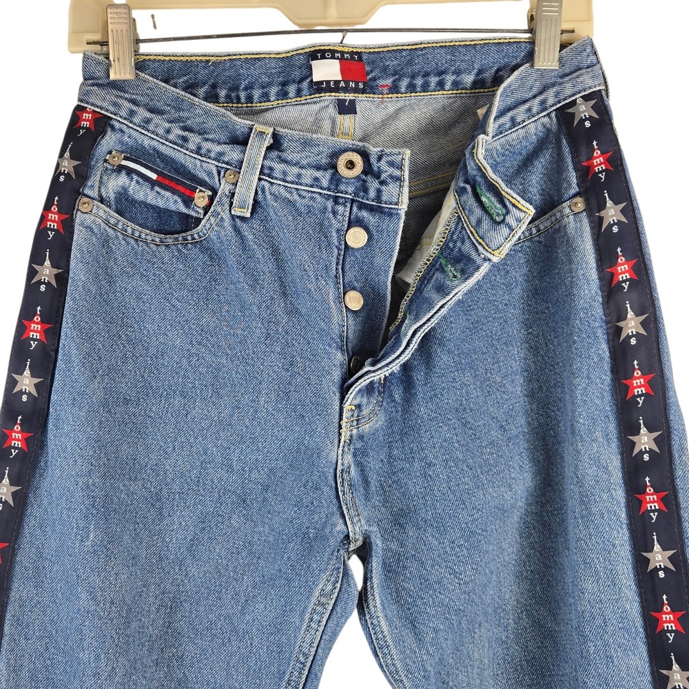 RARE 1998 Tommy Hilfiger Boyfriend Jeans Button Fly w Side Tape Tommy Logo Sz 7
